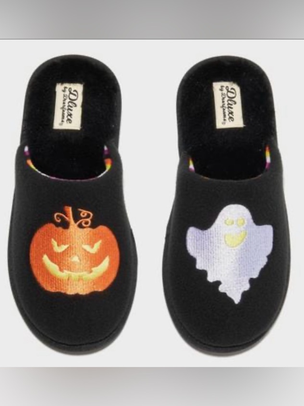 Deluxe Dearfoams Halloween Slippers with Pumpkin & Ghost Embroidery